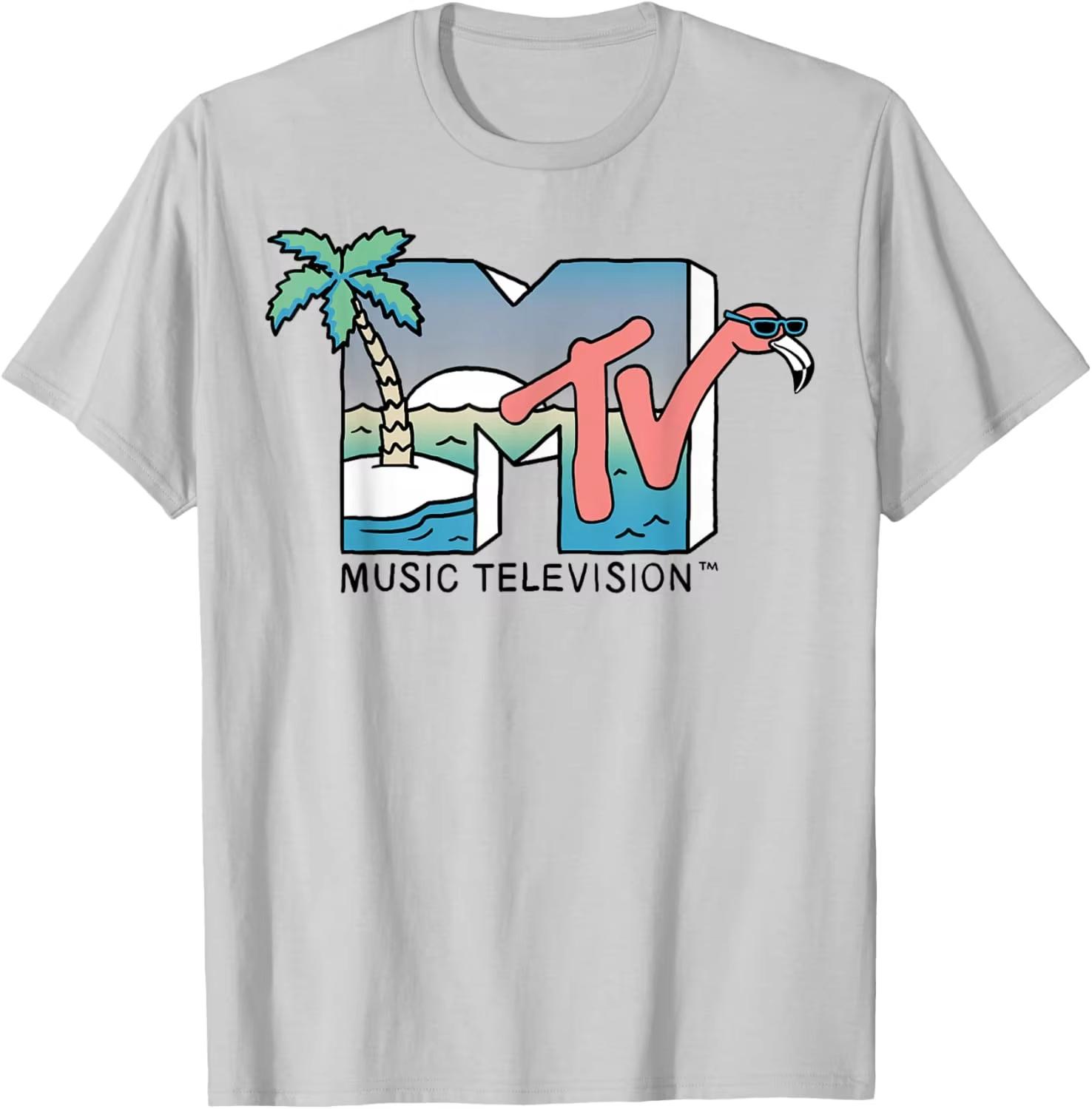 MTV Beach Island Flamingo Retro Print Mens TShirt Harajuku Loose Comfortable Breathable and Soft TShirt Cotton XL