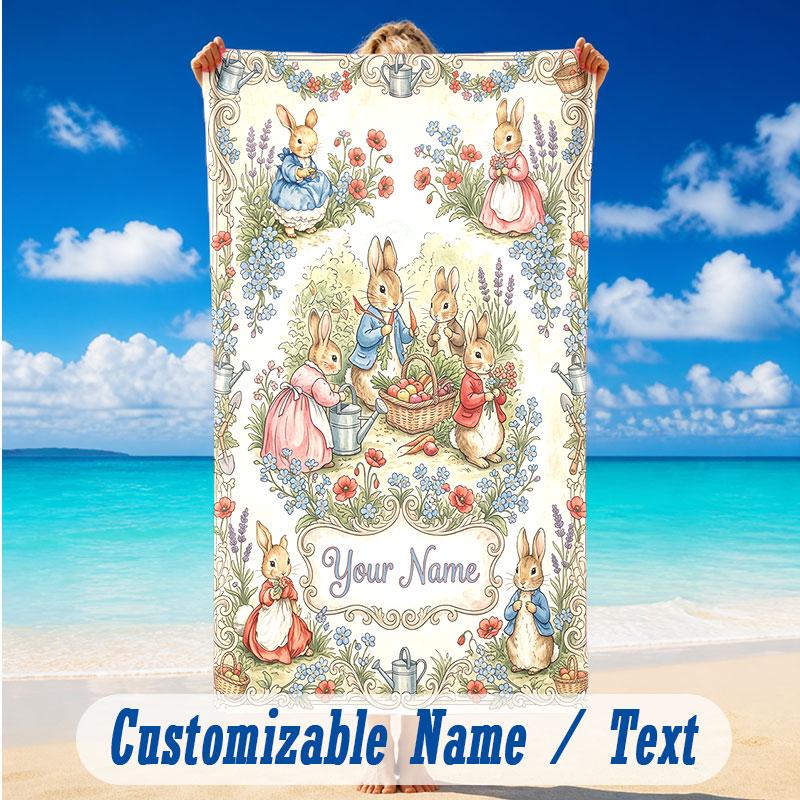 Easter Bunny Theme Beach Towel Personalized Custom Name & Text Soft Quick Dry Beach Towel for Swimming Travel