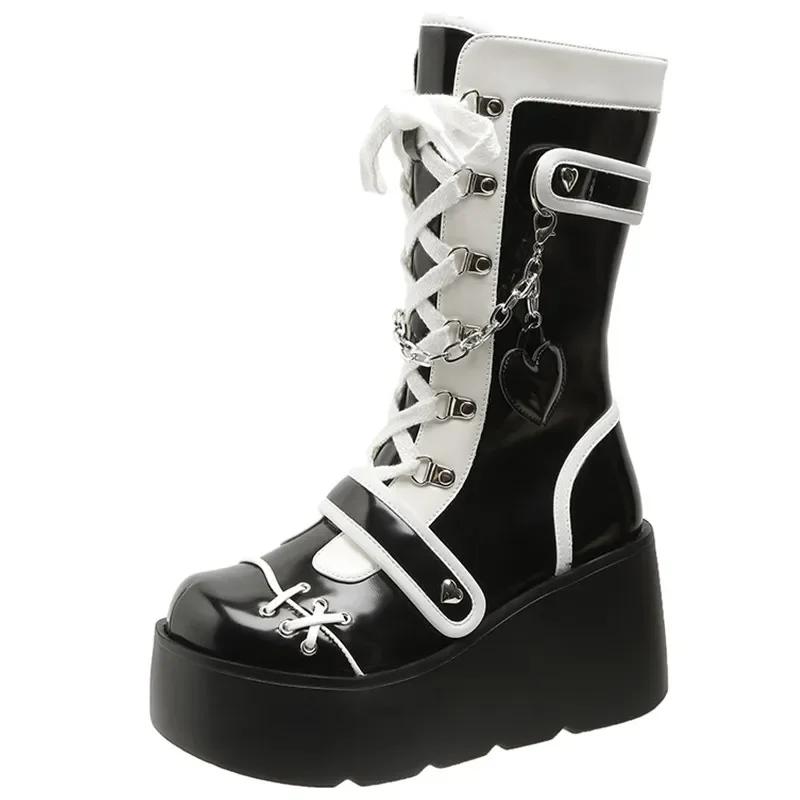 Women's Mid-Calf Boots 2025 New Fashion Chain Punk Boots Autumn 8CM High Heels Chunky Platform Motorcycle Boots for Woman