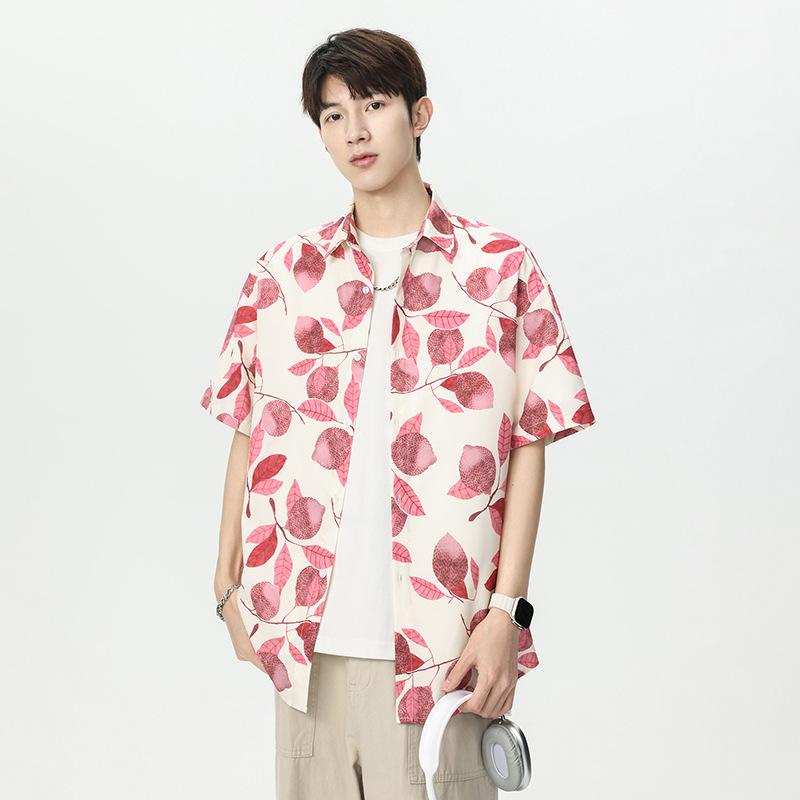 

Мужская розовая рубашка с коротким рукавом и принтом фруктовых листьев - Свободная повседневная уличная одежда, летняя, на пуговицах M розовый