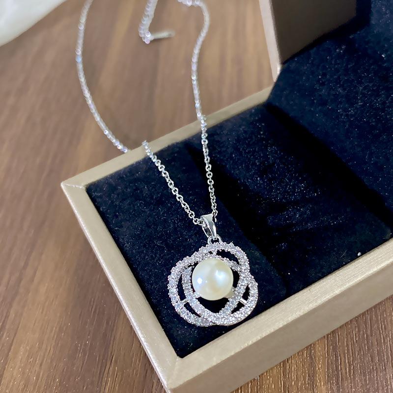 High Quality Women's All-Match Clavicle Chain Camellia Inlaid Pearl Zircon Set Stainless Steel Real Gold Plating Anniversary