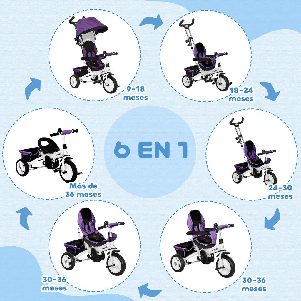 Evolutionary Tricycle, 12+ Months, Foldable Canopy, Telescopic Push Handle, Safety Belt, Violet