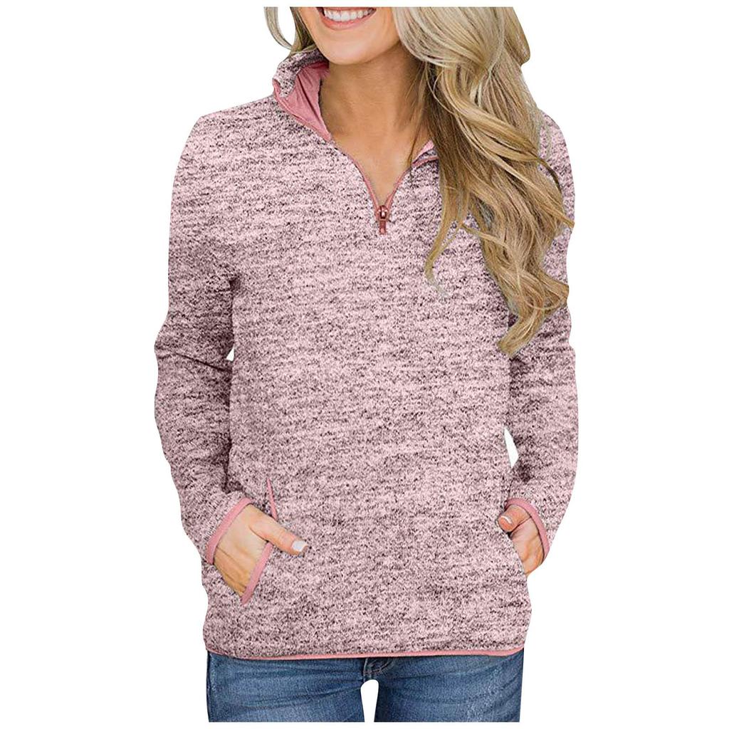 Ladies  Winter Pocket Pullover Long Sleeve Stand Collar Zip Sweatshirt Top