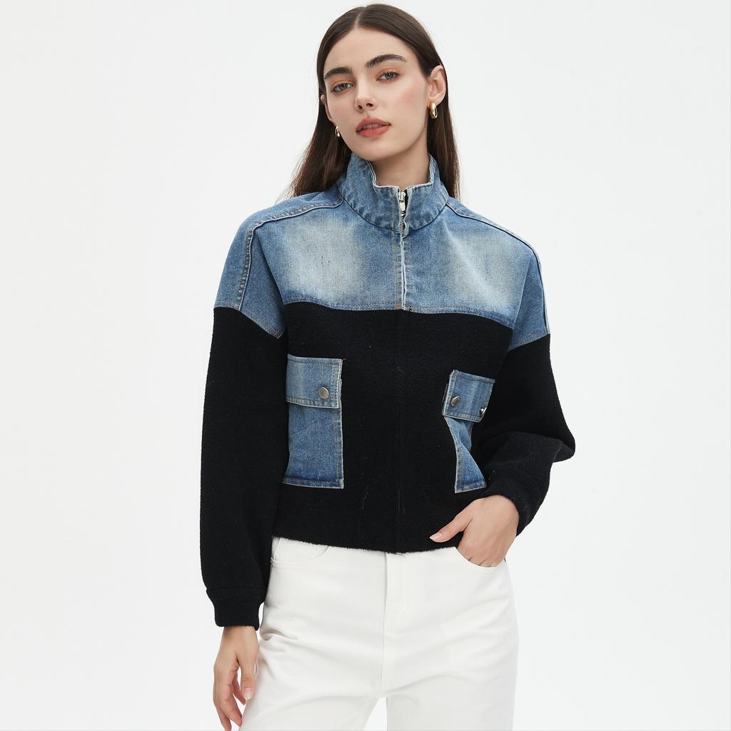 DIMANAF 2025 Autumn New Women Short Jacket Zipper Sweaters Coat Patchwork Coat Knitting Pockets Sweater