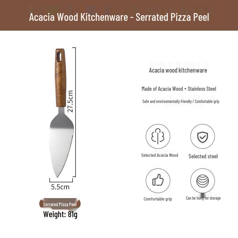 Acacia Wood Kitchen Gadget Set: Peeler, Can Opener, Egg Beater, Pizza Cutter, Cheese Shovel