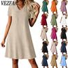 Women's Fashion Summer Spring Solid Color Print Short Sleeve V-Neck Loose Waistlinet Casual Dresses