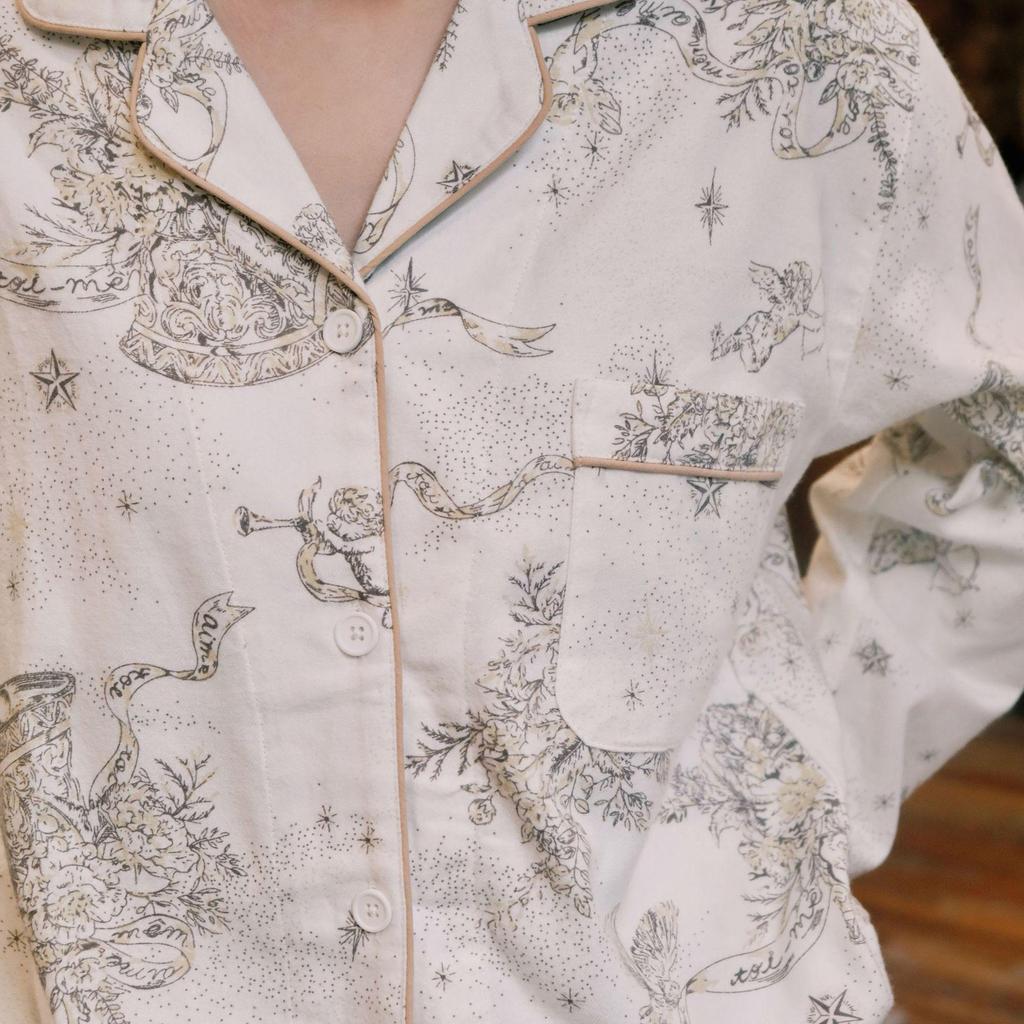 Women's Brushed Cotton French Pajamas - Comfy, Loose-Fit Long Sleeve Set for Spring & Autumn