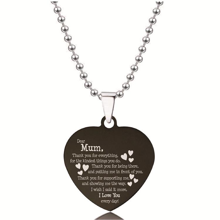 European-American Black Stainless Steel Heart Pendant Necklace – Engraved Titanium Steel Christmas Gift