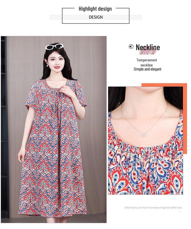 Summer 2026 Plus Size Cotton Silk Long Dress for Middle-Aged Women