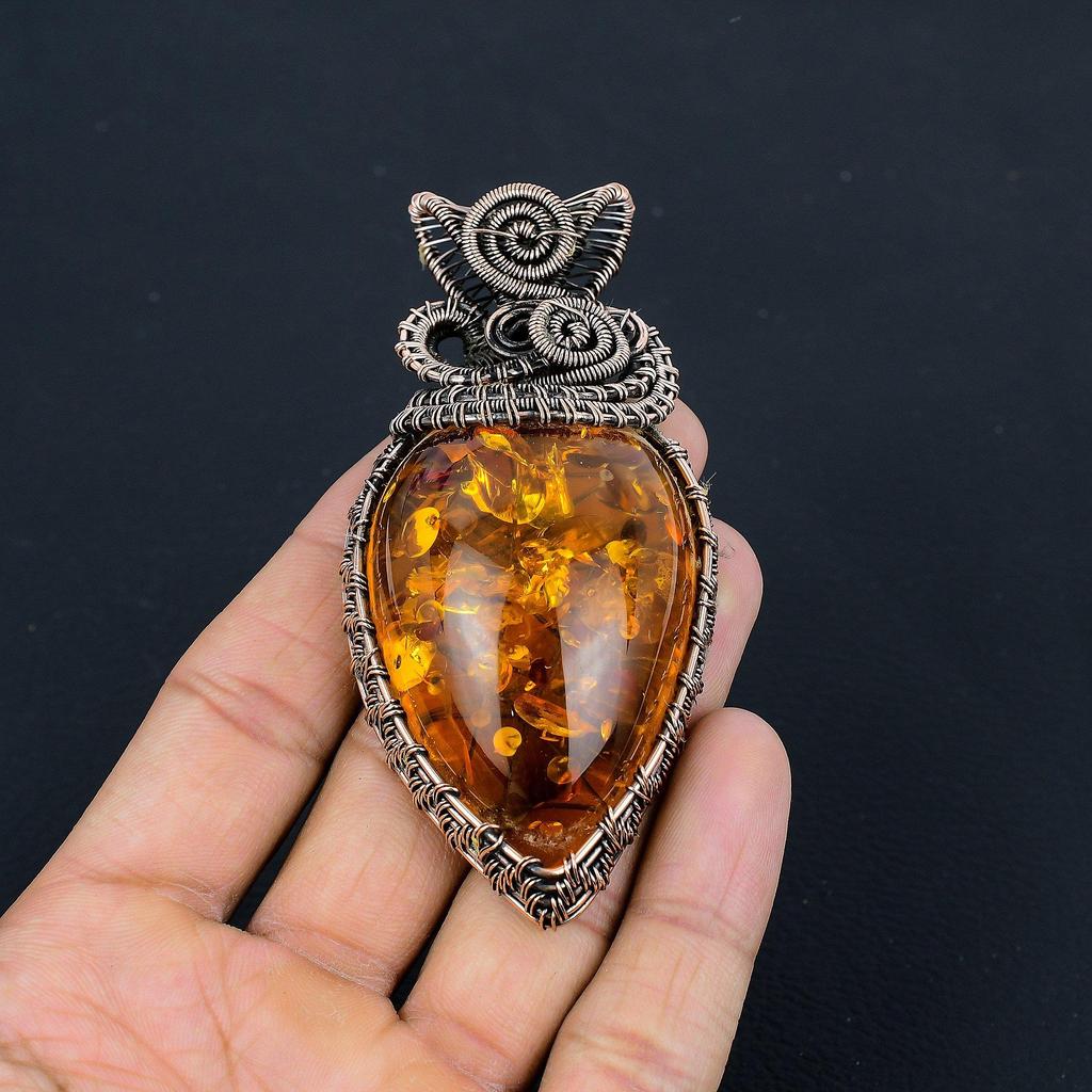Baltic Amber Pendant, 999 Copper Wire Wrapped Gemstone Jewelry, Handmade Pendant For Mother Day