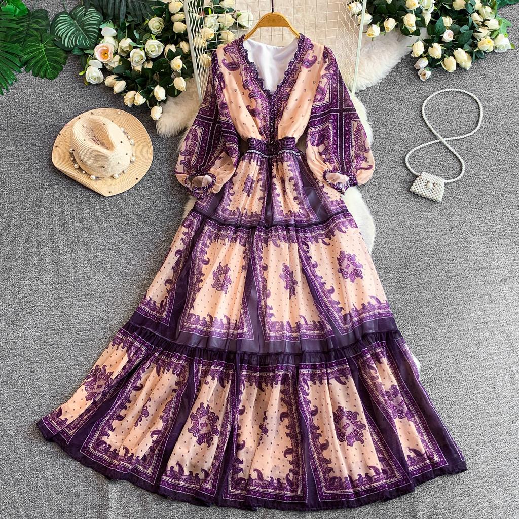 Light and mature style retro printing V-neck lantern sleeve dress for women's autumn elastic waist and thin ruffle edge long skirt