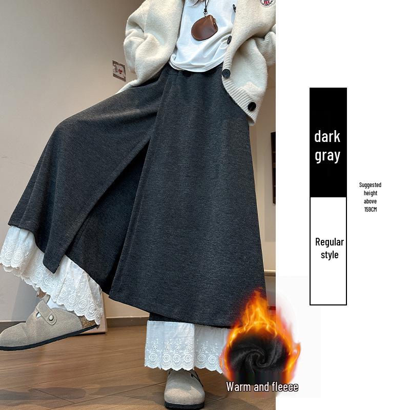 Women's Patchwork Lace Trim High-Waisted Wide-Leg Pants: Versatile, Slimming, Plus Velvet for Autumn/Winter 2025.