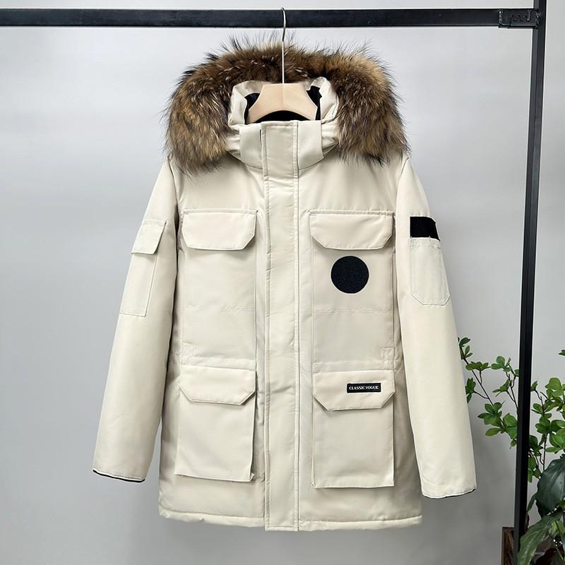 Mens Womens Mid-Length Parka With Detachable Faux Fur Collar Winter Down Coat - Warm Thick Hooded Multi-Pocket