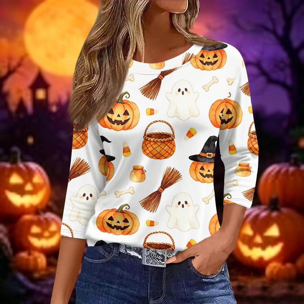 Women's Halloween Print 3/4 Sleeve Loose Fit Casual Round Neck Shirt Pumpkin Candy Pattern Top for Fall Seasonal Wear