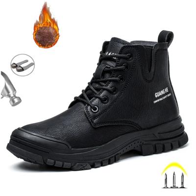 Black Leather Men Winter Plush Work Safety Boots Indestructible Steel Toe Anti-smash Shoes Anti-puncture Protective Footwear