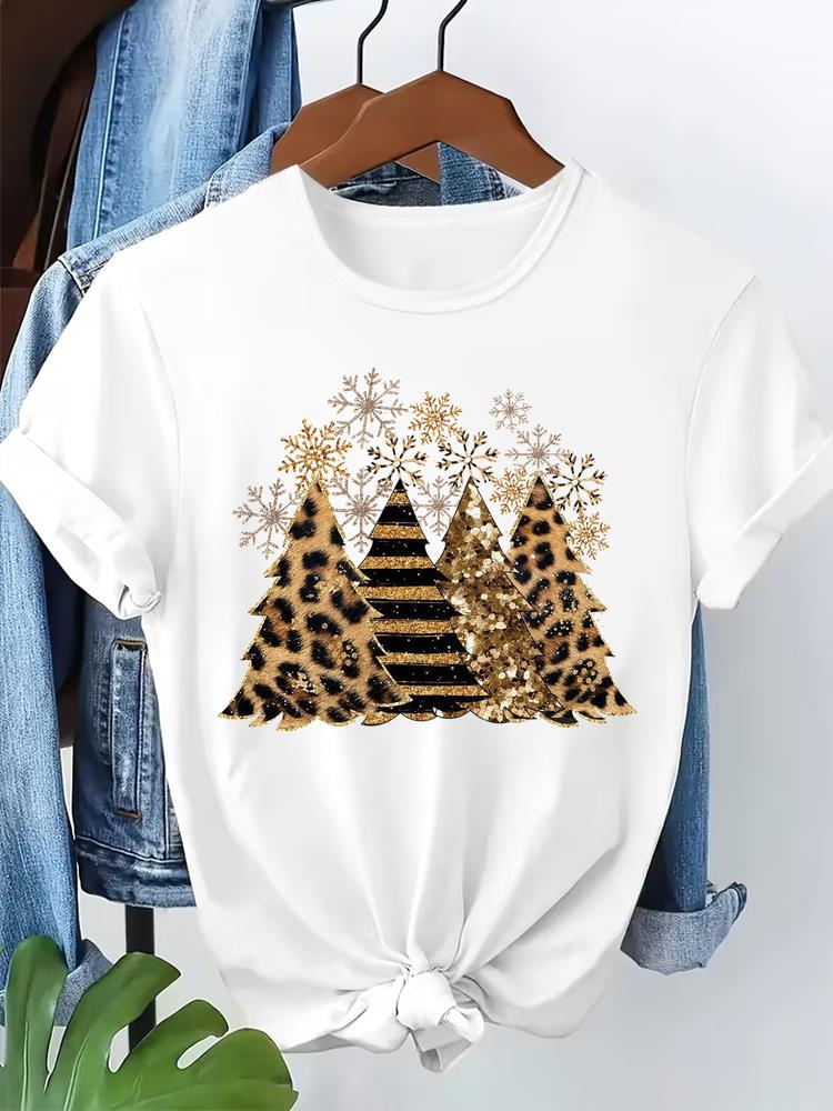 (Asian Size) watercolor cute Short Sleeve T-shirts Merry Christmas Women's Top O-neck T Shirt Print  Fashion Casual New Year Clothing Graphic Tee
