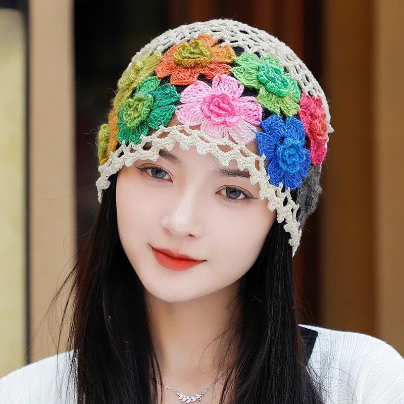 Spring and Autumn Handmade Hat Women's Pull Only Handmade Crocheted All Match Knitted Hat Women's Hollow Crocheted Wool Hat