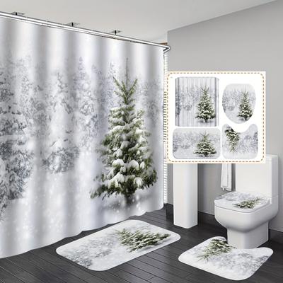 Ensemble de rideaux de douche en forme d'arbre de noël, 4 pièces, rideau de douche étanche avec 12 crochets, tapis de salle de bain, tapis en forme de U, couvercle de couvercle de toilette