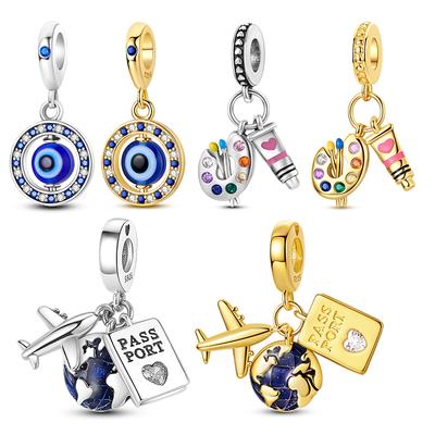 Original Copper Charm Golden Blue Eye Earth Passport Dangle Fit Bracelet Pendant Diy Jewelry Gift For Women