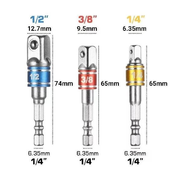 3pcs Impact Socket Adapter Set with Color Coding 1/4", 3/8", 1/2" Hex Shank Alloy Construction Square Drill Extension Set