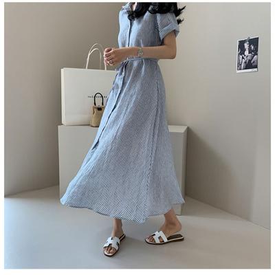 Vestido Chemise Listrado Feminino Verão Comprimento Médio Solto Estilo Coreano Amarração na Cintura Emagrecedor Manga Curta Algodão e Linho Saia