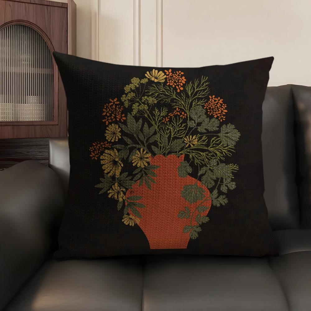 Classic Vintage Vase Cushion Cover Natural Linen Organic Fabric DoubleSided Printing Sofa Home Decor Breathable Environmentally