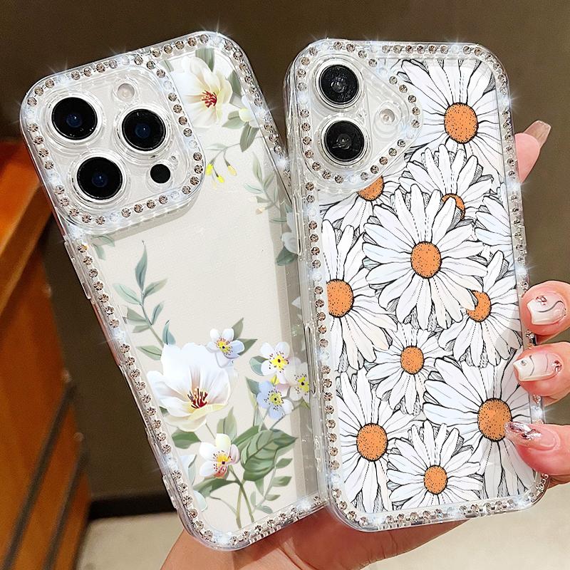 Diamond Frame Clear Anti-Fall Phone Case For iPhone 16E 16 Pro 15 Pro Max 14 13 12 11 Floral Print Soft Silicone Shockproof Bumper Cover