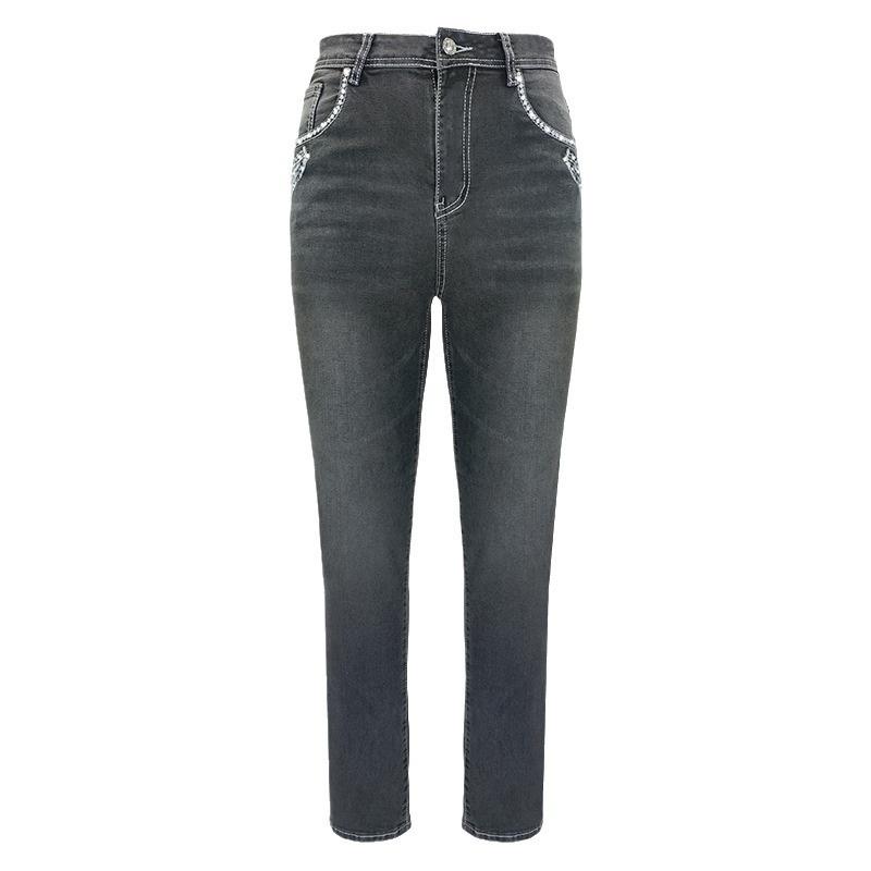 Damenjeans mit Streetstyle-Strasssteinen, dehnbar, schmal geschnitten, besticktes Totenkopf-Design, gerade Hosenbeine