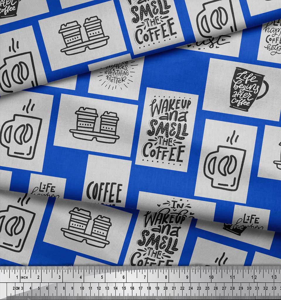 Soimoi Blue Japan Crepe Satin Fabric Coffee Please Text Print Fabric by Metre 42 Inch