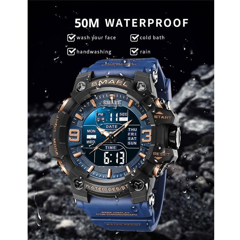SMAEL Heren Dubbele Display Horloges Sport Waterdicht LED Licht Wekker Dubbele Tijdweergave Week Automatische Datum Polshorloges 8049 Sport Polshorloge