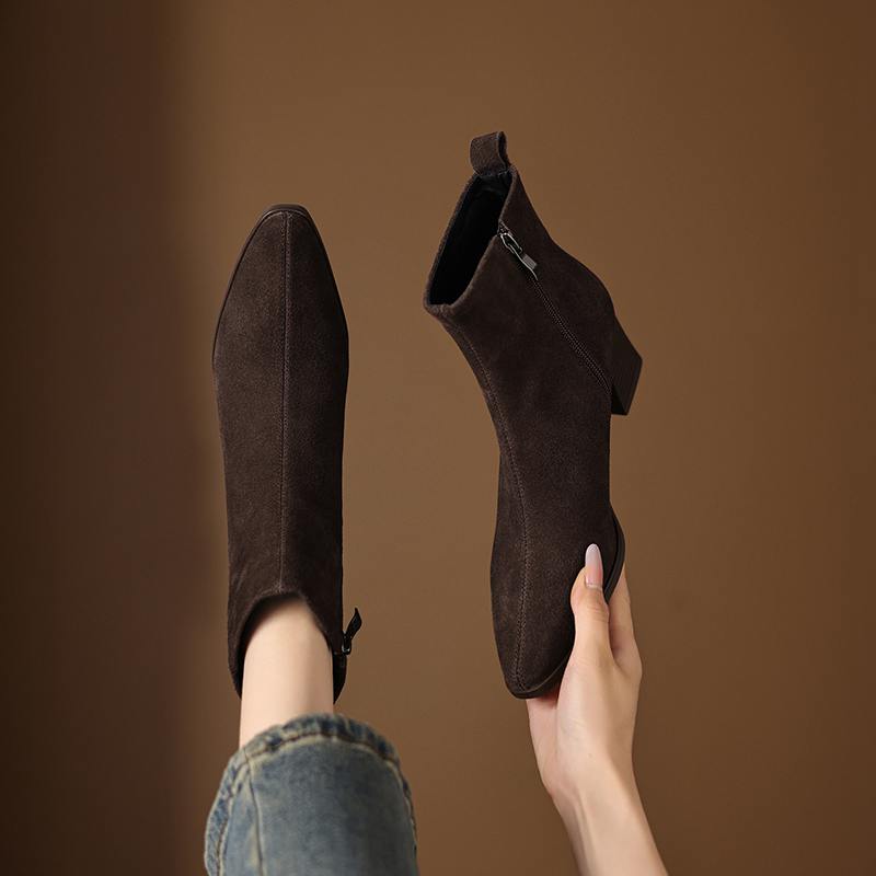 Krazing Pot Cow Suede Nubuck Winter Round Toe Chunky Heels Fashion Boots Women Zipper Retro Elegant Women Ankle Boots