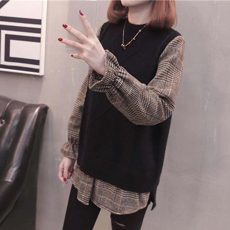 

Поддельный свитер из двух частей в клетку, свободный, ретро, женский, осень/зима, модный, круглый вырез, длинный рукав, трикотажный низ, пуловер, верх One Size(45-61kg) чёрный