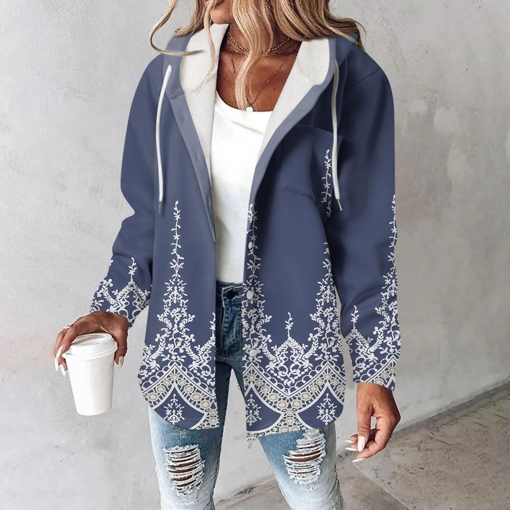 Sweat à capuche pour femme, sweat-shirt chaud d'hiver, bouton, cordon de serrage, veste imprimée, manteau