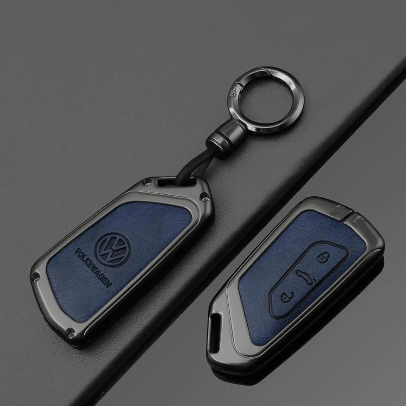 Fashion New Double-sided Leather Car Key Case Cover Shell Protection Auto Styling Accessories For VW Volkswagen Golf 8 MK8 Leon QW7