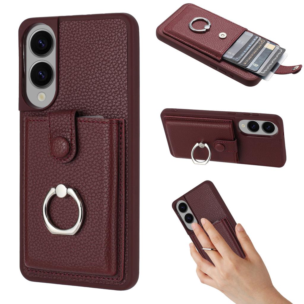For Samsung Galaxy S25 Edge Case with Ring Kickstand Drawing Type Card Slots Leather Back Cover