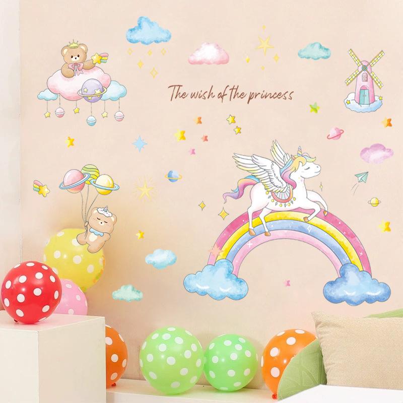 Unicorn Wall Stickers for Girls Room Decor, Rainbow Princess Cartoon Wall Decals, Cute Fantasy Nursery Bedroom Wall Art for Kids Room Decorations