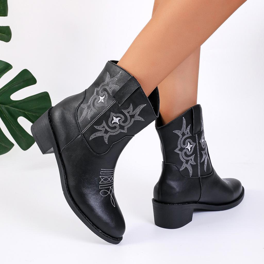 New Women Vintage Chunky Heels Western Cowboy Boots Block Heels Leather Ankle Boots Woman Autumn Winter Embroidered Knight Boots