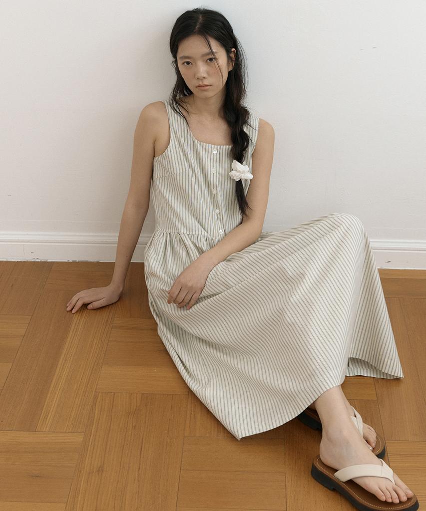 Lingseoul Striped Square Neck Sleeveless Dress-Cream