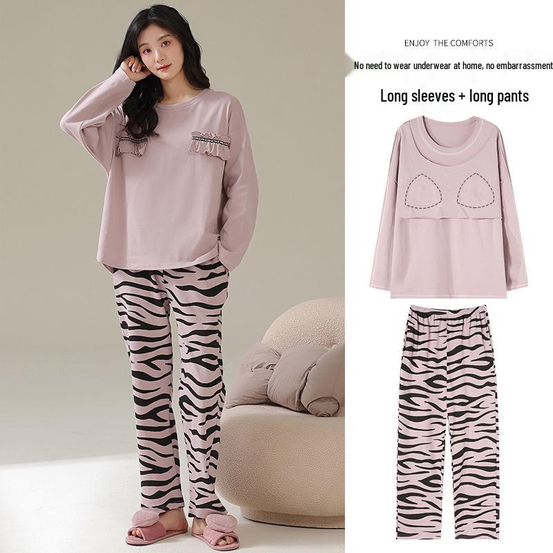 Women's Long-Sleeve Cotton Pajama Set with Chest Pads - Cozy Autumn/Winter Wear, Sweet & Stylish for Home or Outside