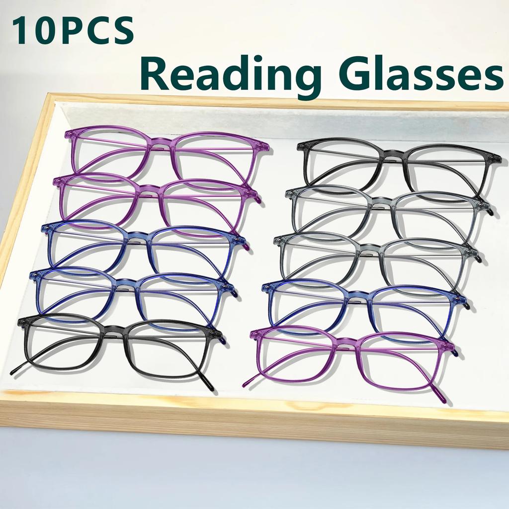 10pcs Square Reading Glasses Women Men Black Blue Grey Purple Anti Blue Light Polycarbonate Lens