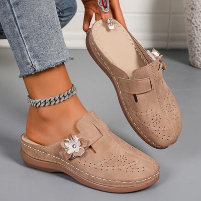 Women's Low Heels Slippers Summer Round Head Deep Mouth Flower Car Sewing Soft Soled Non-slip Wear-resistant Flat Shoes