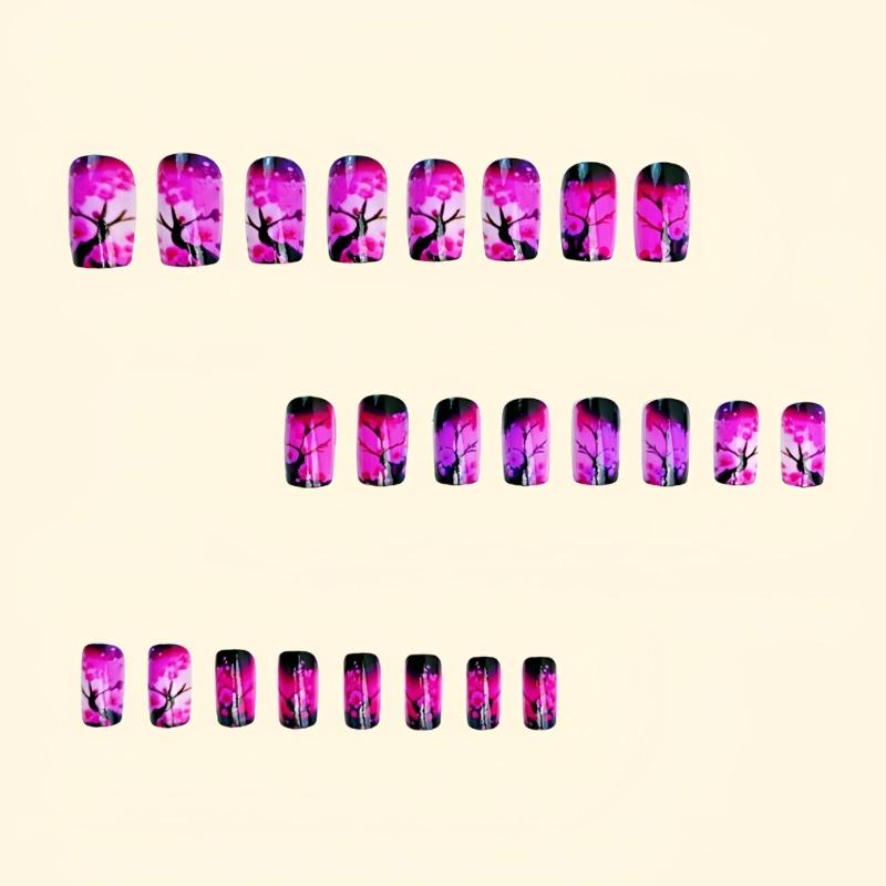 Square Press On Nail Flower Fake Nail Glues On Nail Artificial Acrylic Nail 24pcs Stick On Nail for Womens and Girls