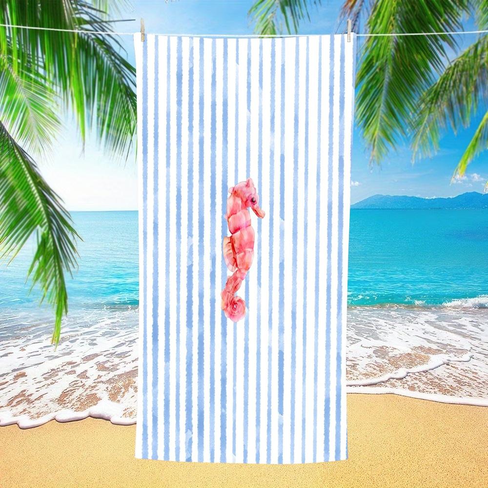 Eahorse Stripe Beach Towel - Soft Microfiber Bath Sheet with Blue Watercolor Seahorse Art for Summer Pool & Beach