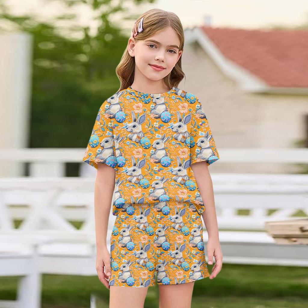 Kid Patriotic Outfit - Short Sleeve & Shorts 2-Piece Set For Girl Easter Day