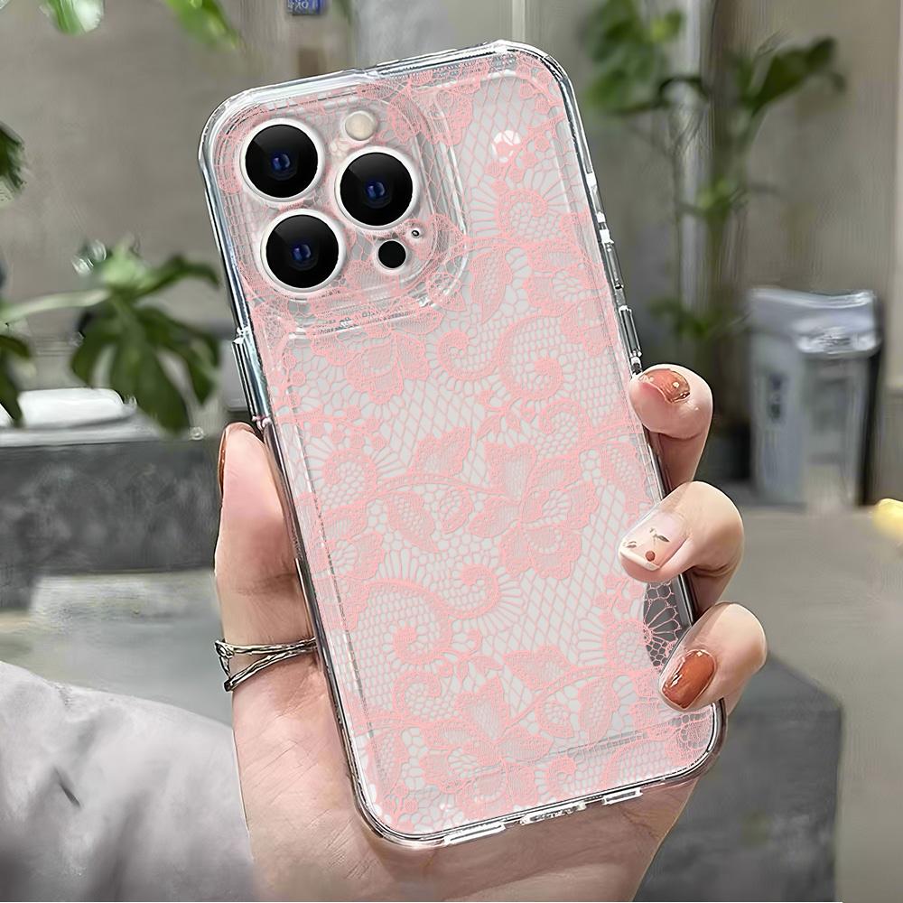 White And Pink Lace Floral Pattern Phone Case For Samsung Galaxy A15 A16 A05 A21S A54 A55 A56 A35 M23 M33 M54 M55 Clear Cover