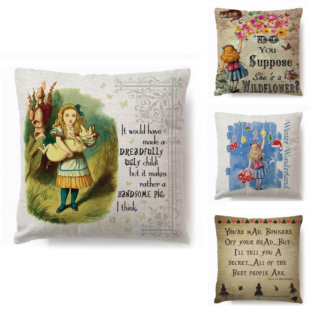 Alice In Wonderland Cartoon Pillow Case Cotton Linen Square Cushion Cover**