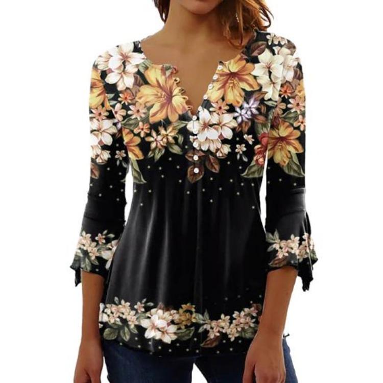 Women 3D Flower Print Pullover T-Shirt Top Loose Hem V-neck Buttons Half Placket 3 4 Sleeves Streetwear Blouse