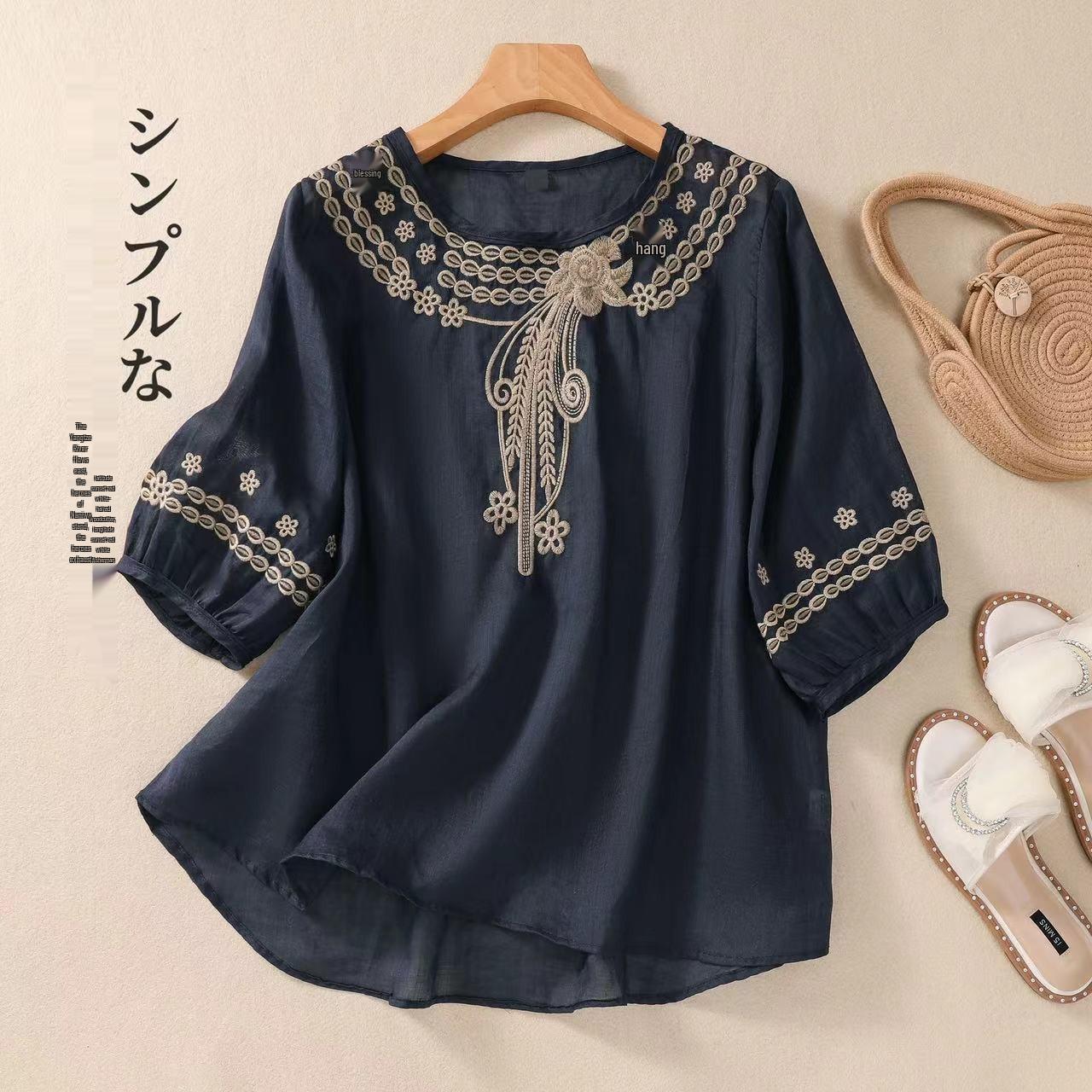 

Сорочка з коротким рукавом з вишивкою з ретро літературного бавовняно-лляного полотна 2025 3XL чорний