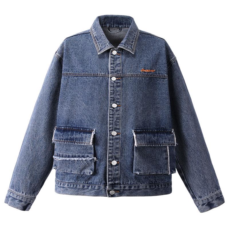 Men's American Heavyweight Raw Edge Washed Denim Jacket - Retro Workwear Style, Loose Fit