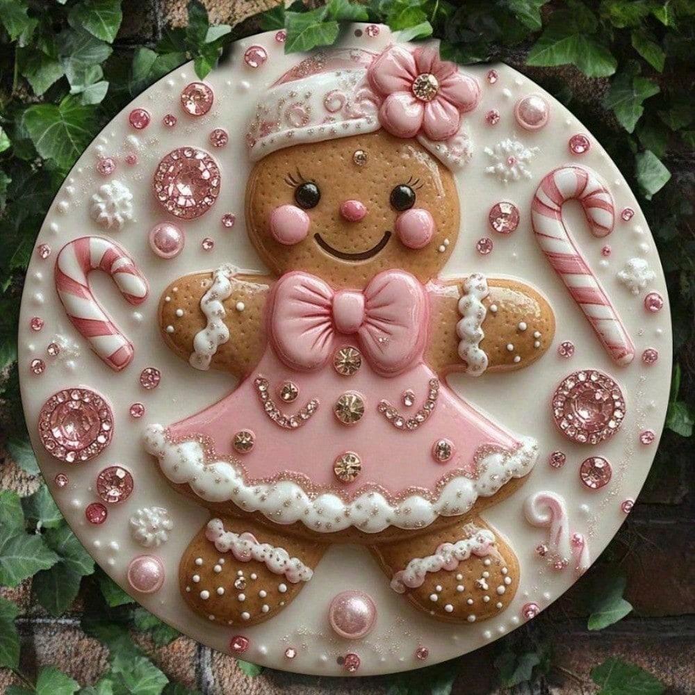 

1pc Retro Pink Gingerbread Man Metal Sign 8x8 Inch Round Aluminum Plate For Christmas Winter Wall Decor 20x20 різнокольоровий